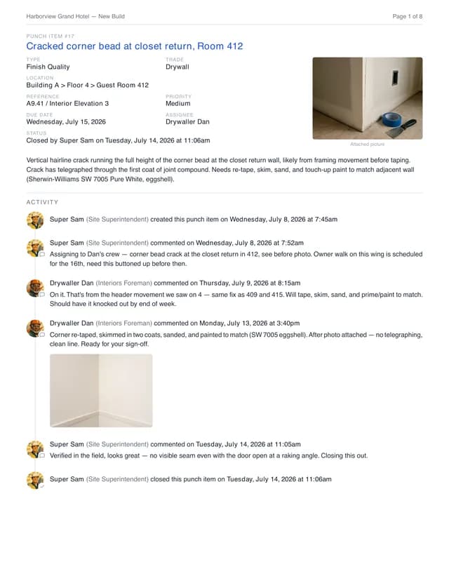 Closeout report page preview